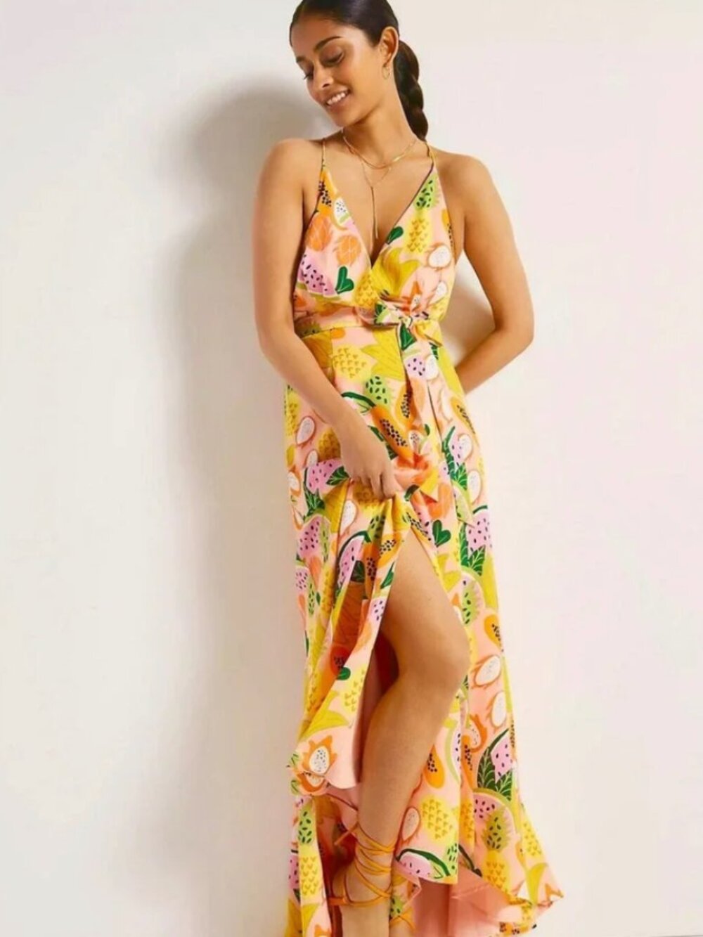 Anthropologie Hutch Tropical Fruit Maxi Wrap Dress NWT XS Farm Rio Style